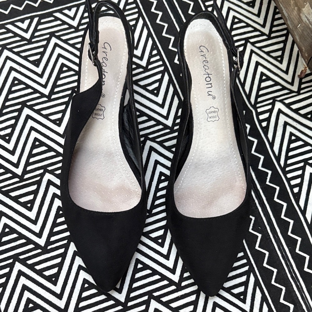 Greatonu Black Pointed Toe Slingback Heels